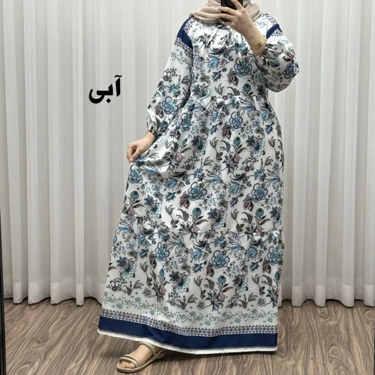 پیراهن فلور بوگاتی حاشیه دار نخی فری سایز تا 50 بنددار چهارفصل زنانه شیک