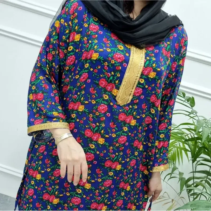 پیراهن ساحلی گلدار یقه طلا کوب سوپر نخ اعلا فری سایز