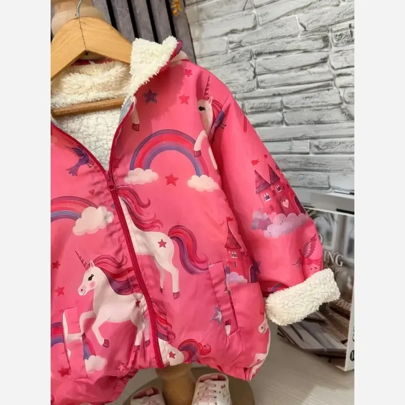 کاپشن دخترانه مموری ضد آب طرح تک شاخ داخل خز سرخابی 2 تا 7 سال